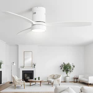 52 in. Indoor/Outdoor Wood White Flush Mount Ceiling Fan with Light and 6 Speed Remote Control