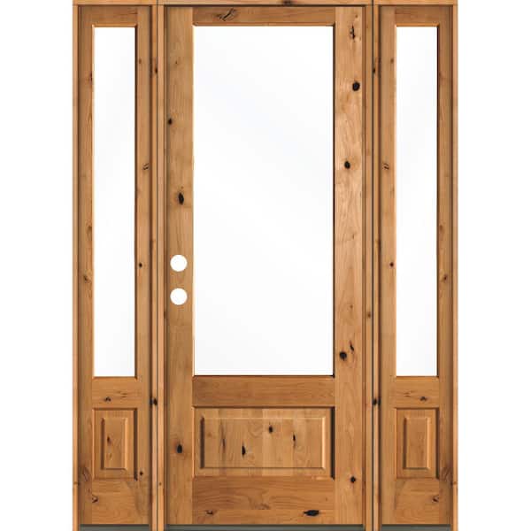 Krosswood Doors 64 in. x 96 in. Farmhouse Knotty Alder Right-Hand Inswing 3/4-Lite Clear Glass Clear Stain Wood Prehung Front Door DSL