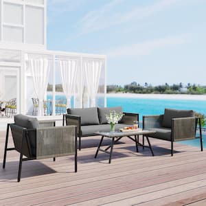 4 Pieces Metal Outdoor Rope Furniture Patio Sectional Set All Weather with Glass Table, Gray Cushion for Poolside Porch