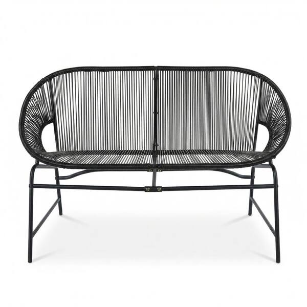Patio Wicker Loveseat, 2-Seat PE Rattan Outdoor Bench, Weather-Resistant Iron Frame
