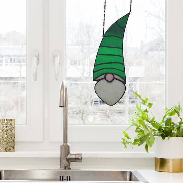 River of Goods Green Garden Gnome Stained Glass Window Panel