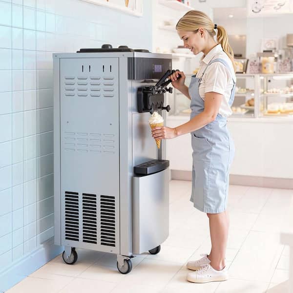 Commercial Soft Ice Cream Machine 6 qt. Stainless Steel 3-Flavors 5.3 to 7.4 gal. /H PreCooling Self-Cleaning Clean