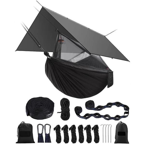 8.8 ft. Hammock Camping with Rain Fly Tarp and Net, Portable Camping Hammock Waterproof-Black
