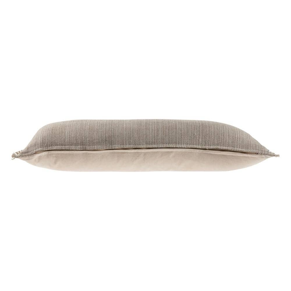 Modern Neutral Tan Woven Lumbar Throw Pillow with Textured Fringe