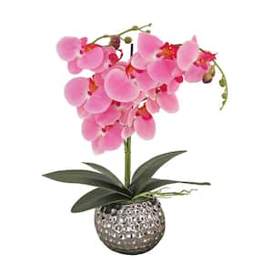 21 in Artificial Floral Arrangements Orchid in Silver Smooth Ceramic Pot- Color: Pink