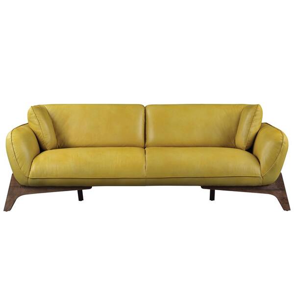 HomeRoots Amelia 90 in. Rolled Arm Leather Rectangle Reclining Sofa in Mustard