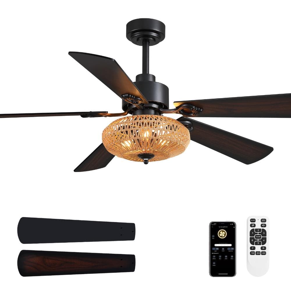 52in Black Ceiling Fan Light with Paper Rope-Woven Full-Coverage Shade, Timer and Remote Control (Bulb Not Included) price history on PriceWatchPro