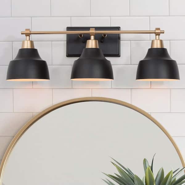 24.5 in. 3-Light Modern Black Bell Vanity Light, Gold Bathroom Light Fixture, Wall Sconce with White Inner Metal Shades