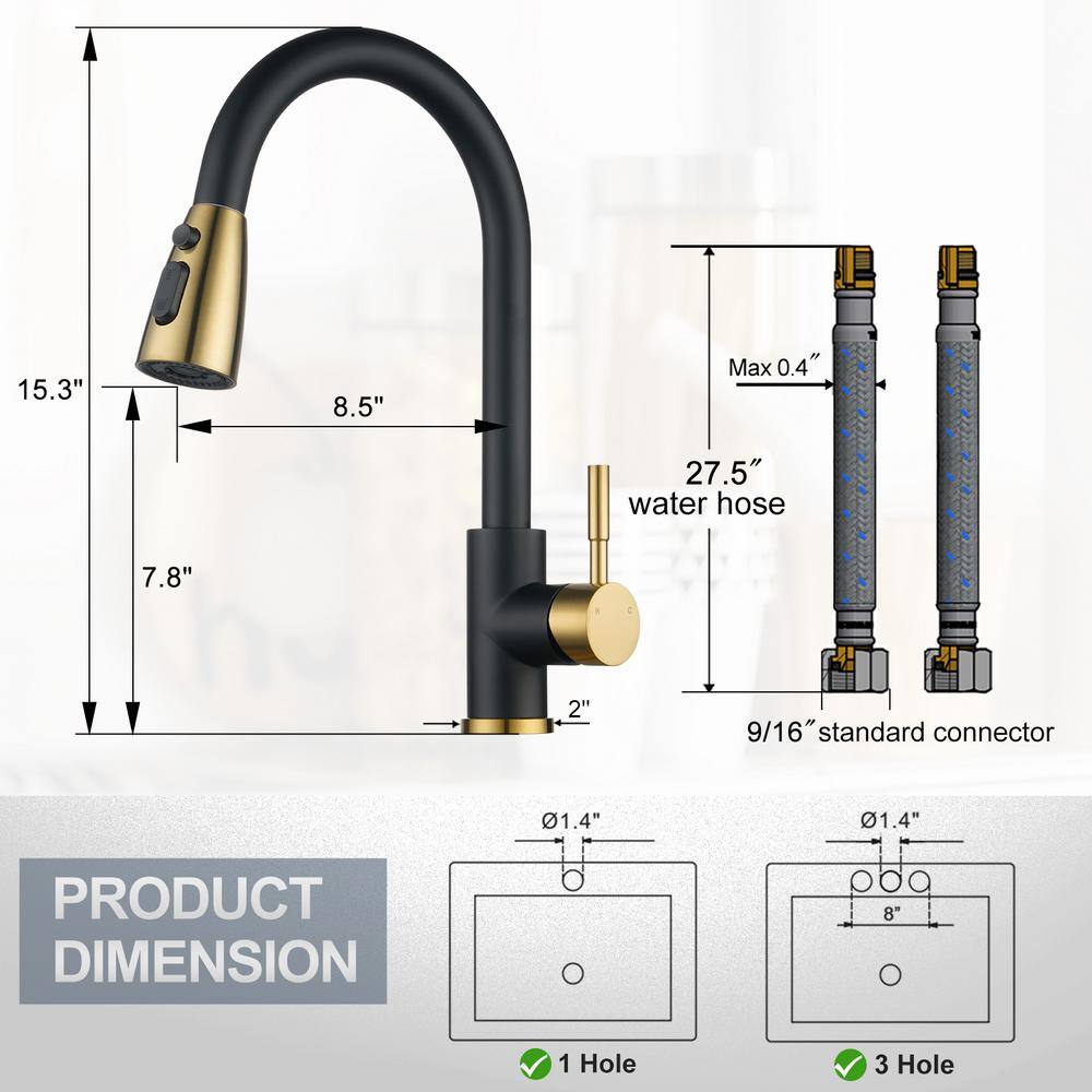 Black and Gold Stainless Steel Pull Down Kitchen Faucet with Sprayer