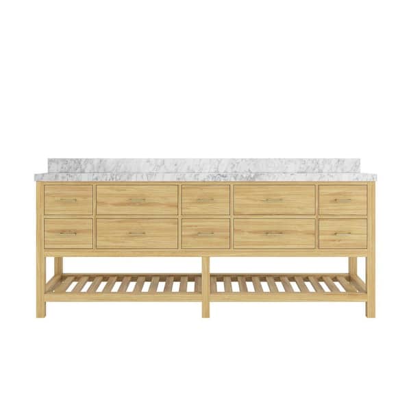Willow Collections Parker Teak 84 in. Double Sink Freestanding Light Natural Bath Vanity with Regular Carrara Marble Top