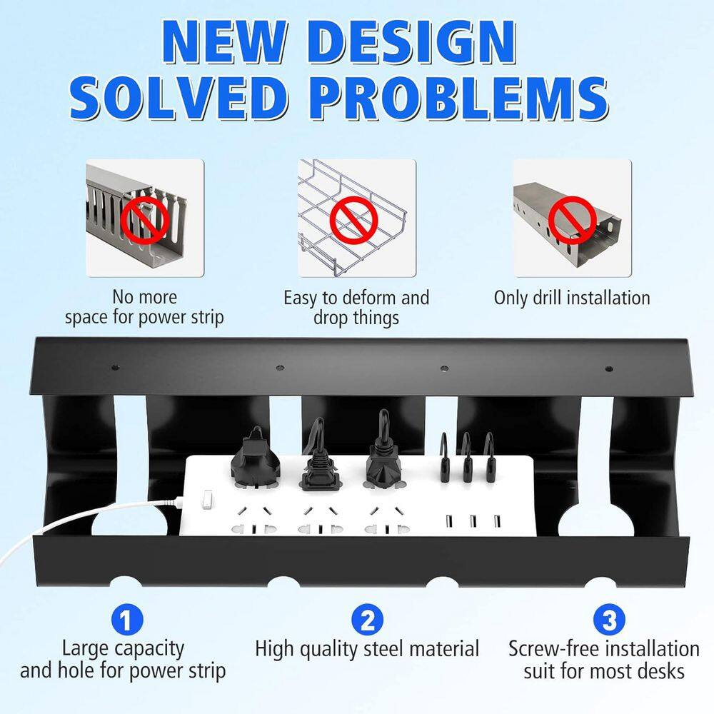 Under Desk Cable Management Tray No Drill 15.7 in Steel Tray with Wire Cord Organizer 2 Pack Black Cable Raceway - Thumbnail 3
