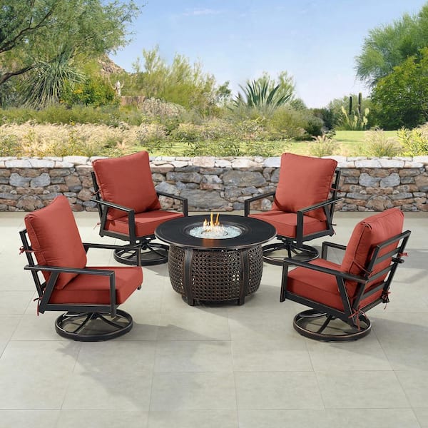Oakland Living Black 7-Piece Aluminum Patio Fire Pit Set with 4-Club Chairs Red Cushions