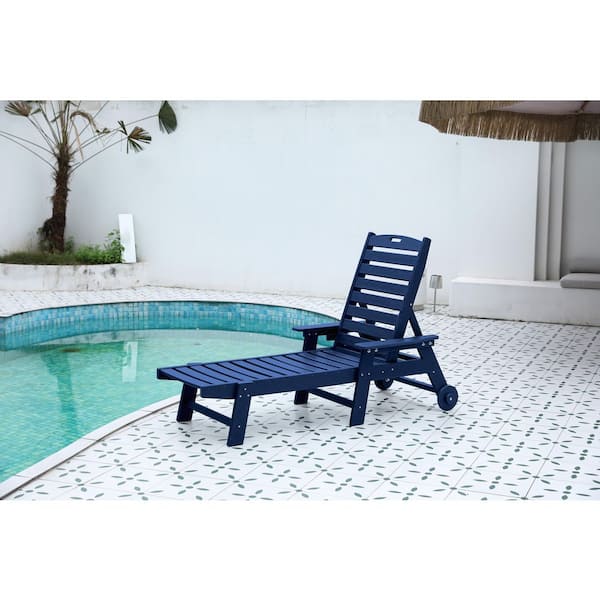 Huluwat Navy Blue HDPE Composite Frame Adjustable Outdoor Chaise Lounge with Wheels and Cup Holder