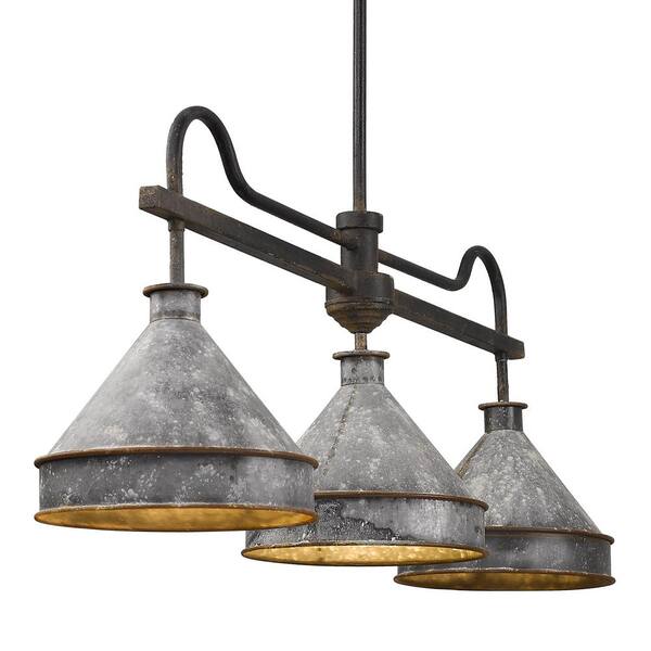 Golden Lighting - Jasper 3-Light Antique Black Iron Pendant with Galvanized Steel Shade