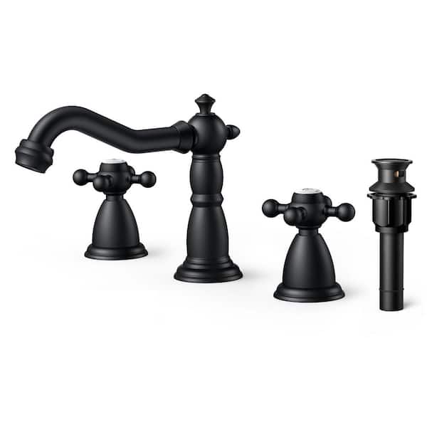 ANZA 8 in. Widespread Double Handle Bathroom Faucet with Drain Kit Included-Anti-Fingerprint 3-Hole Sinks in Black