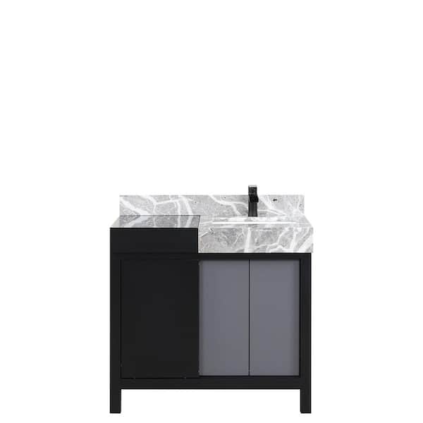 Zilara 36 in x 22 in D Black and Grey Bath Vanity, Castle Grey Marble Top and Matte Black Faucet Set