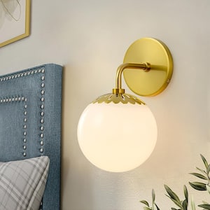 Ceder 5.9 in. W 1-Light Aged Brass Bathroom Vanity Light Floral Polished White Glass Wall Sconce Above Mirror