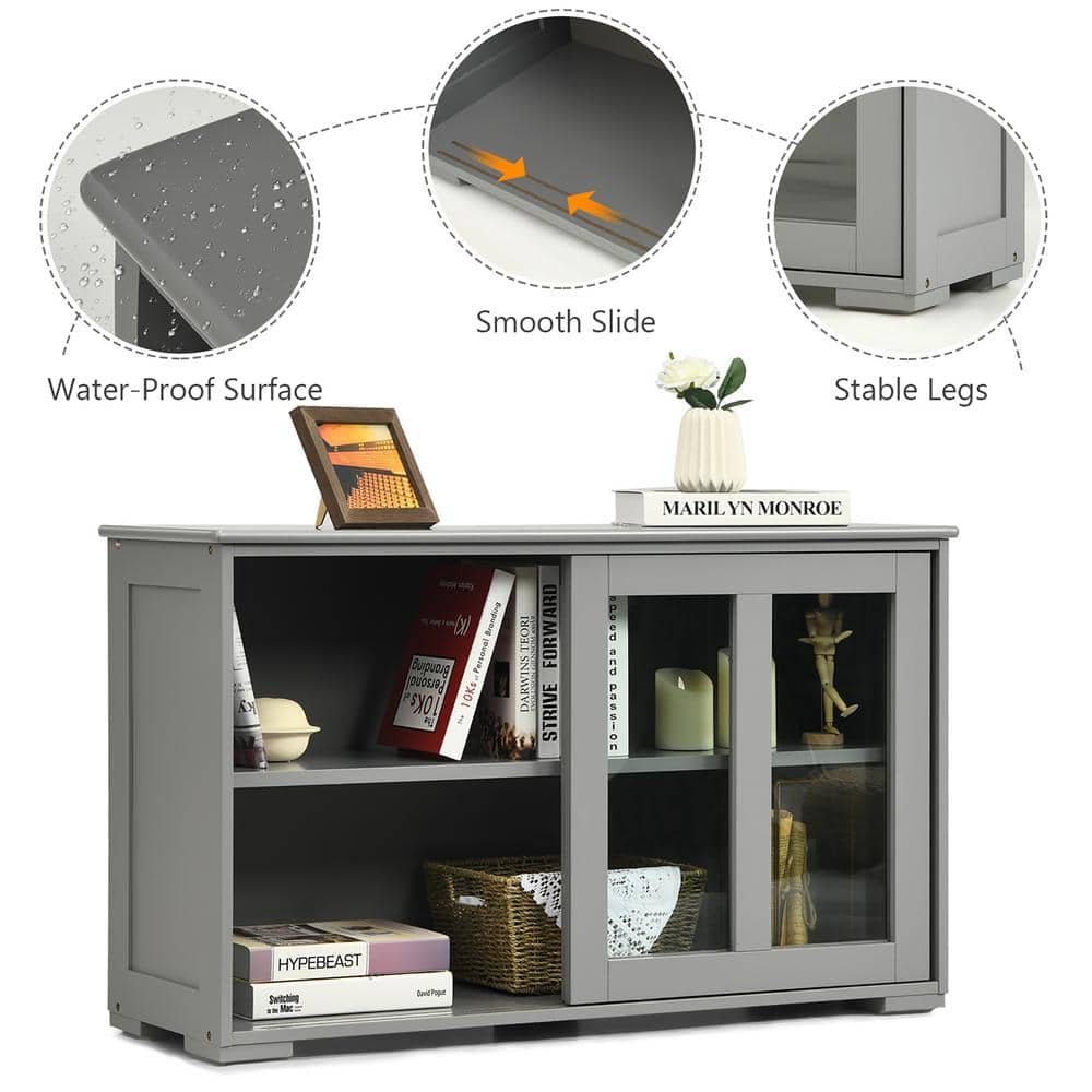 Gray MDF and Glass Sliding Door Kitchen Sideboard Cabinet
