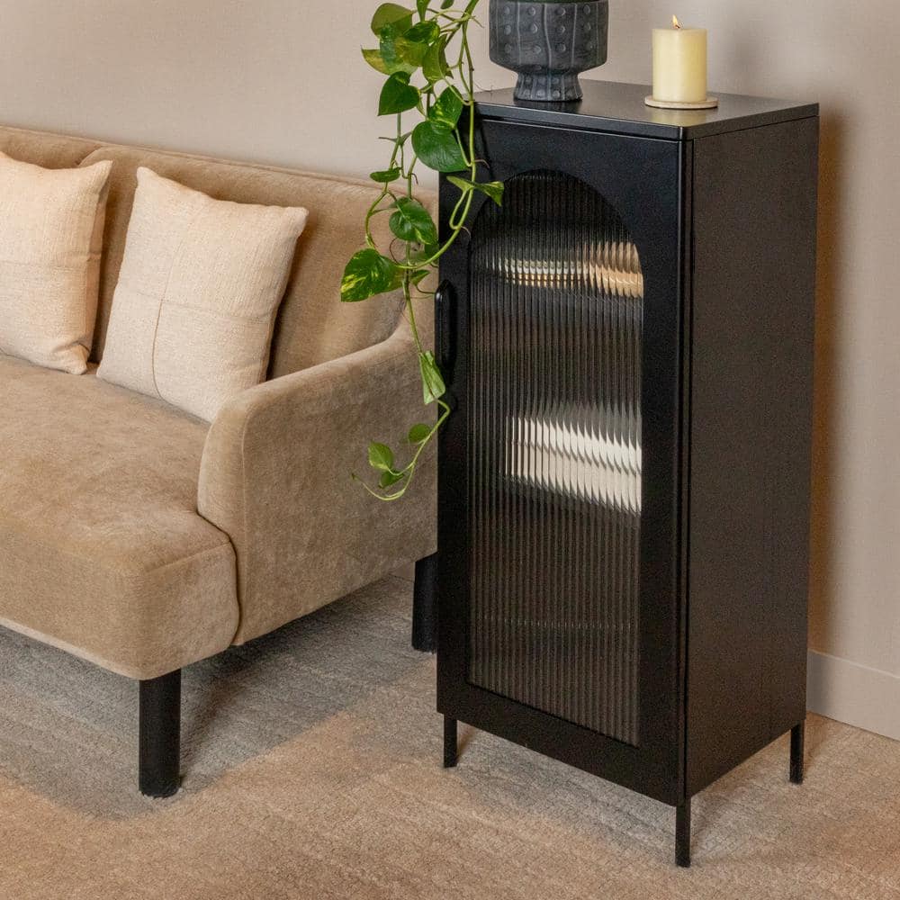 Matte Black Narrow Metal Accent Cabinet with Adjustable Shelves and Arched Glass Door