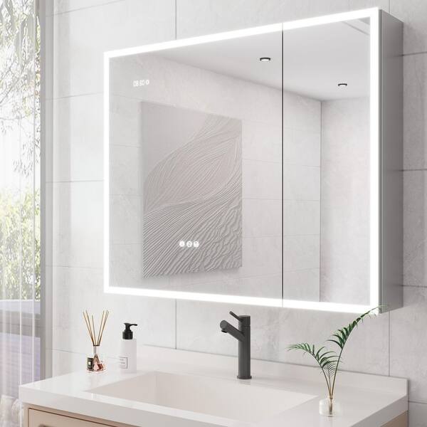 36 in. W x 30 in. H Rectangular LED Medicine Cabinet with Mirror,Defogger,Dimmer,Clock&Temp Display 2-Outlets USB Ports