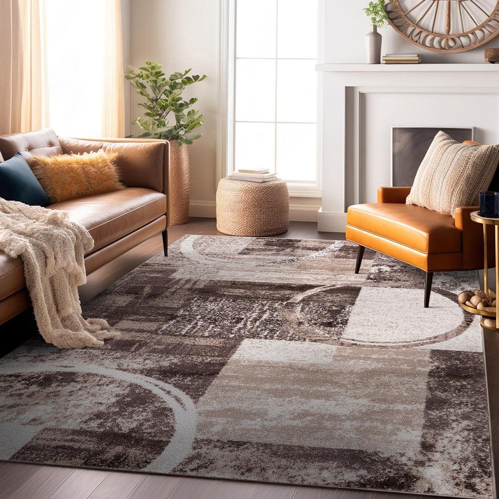 Brown Abstract Circle Design Easy Care Area Rug 3'3" x 5'