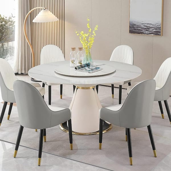 FORCLOVER White Stone 59 in. Round Deluxe Wood and Metal Pedestal Base Revolving Dining Table for Dining Room (Seats 8)