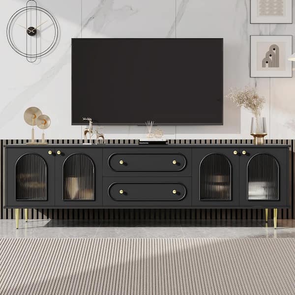 Harper & Bright Designs Modern Sleek Black TV Stand Fits TVs Up to 80 in. with 4-Fluted Glass Doors, 2-Drawers for Living room