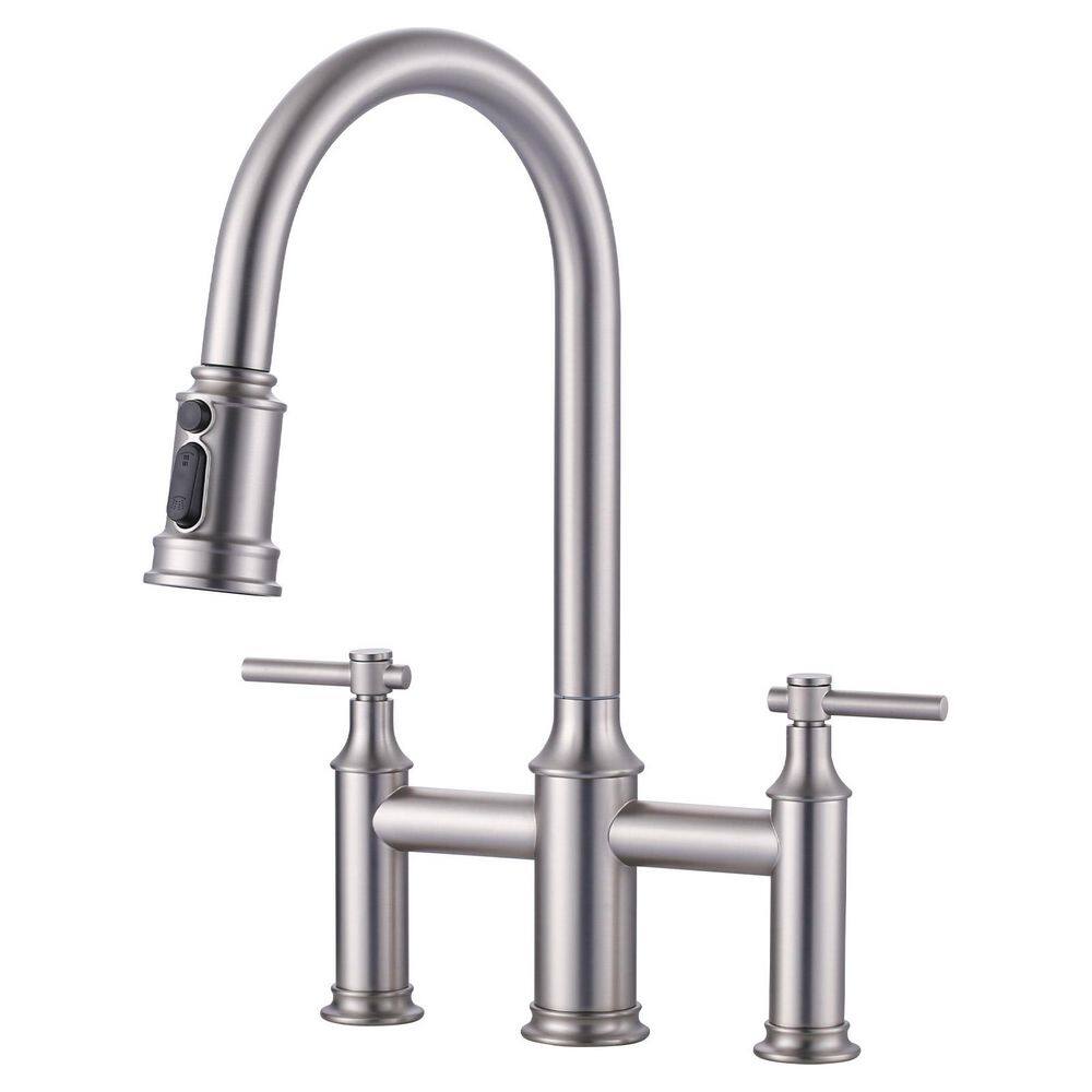 Double Handle Bridge Kitchen Faucet with 3-Mode Pull-Down Spray Head in Brushed Nickel price history on PriceWatchPro
