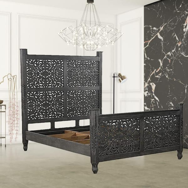 HomeRoots Bernadette Black Wood Frame Queen Panel Bed with Solid Wood Carved