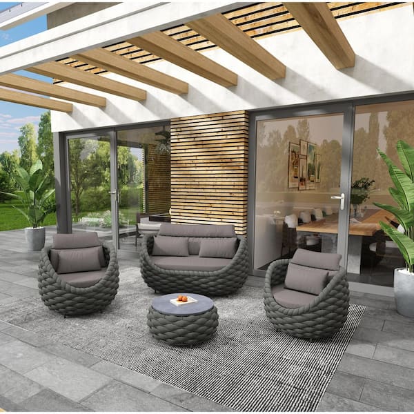 Black 4-Piece Aluminum Outdoor Patio Conversation Sets with Dark Gray Seat Cushions and back Cushions