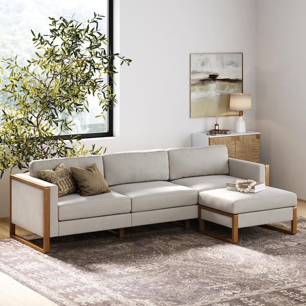 Nathan James Madison 107 in. W Straight Arm Fabric Modern Modular 3 Seat Sectional Sofa in. Sand/Light Brown with Storage Ottoman