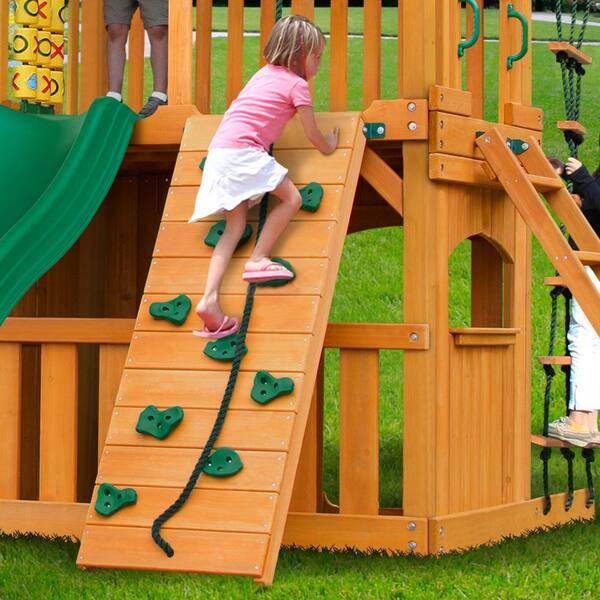 Gorilla Playsets Chateau Clubhouse Treehouse Wooden Swing Set With Fort Add On And Rock Wall 01 0065 Ap The Home Depot