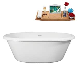 66 in. x 40 in. Acrylic Freestanding Soaking Bathtub in Glossy White with Matte Oil Rubbed Bronze Drain, Bamboo Tray