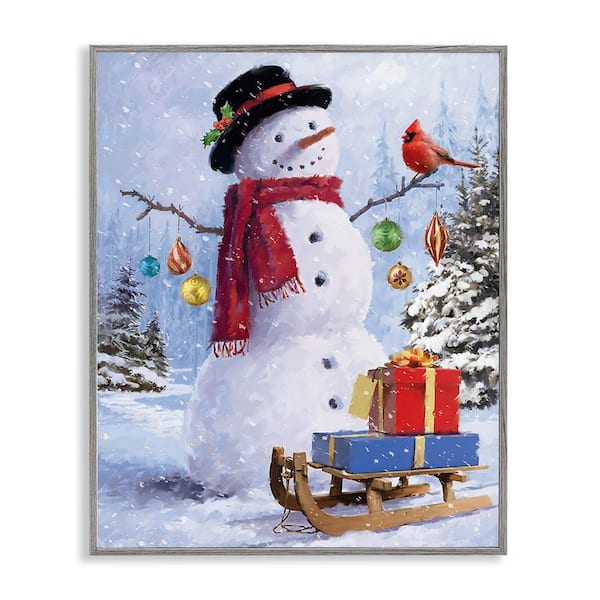 Stupell Industries Snowman with Gift Sled by Jason Kirk 1-Piece Framed Graphic Print Nature Poster Art Print 20 in. x 16 in.