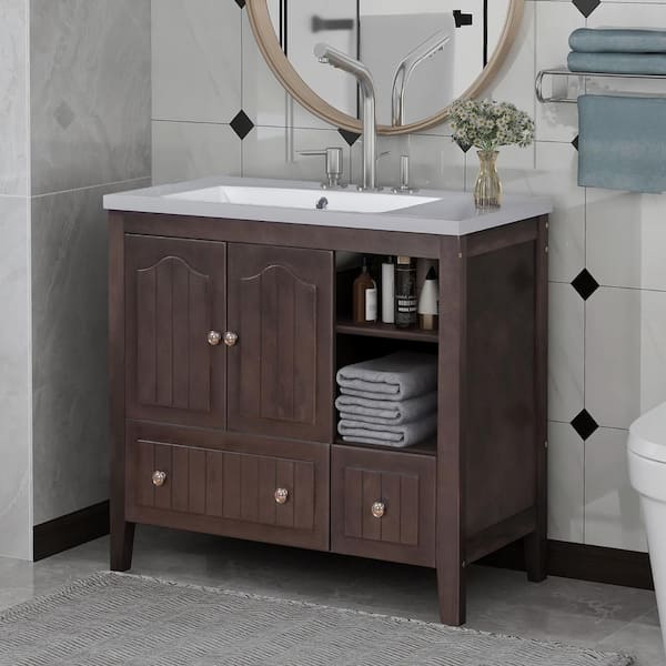 FAMYYT 36 in. W x 18 in. D x 32 in. H Freestanding Bath Vanity in Brown with White Ceramic Top and White Sink