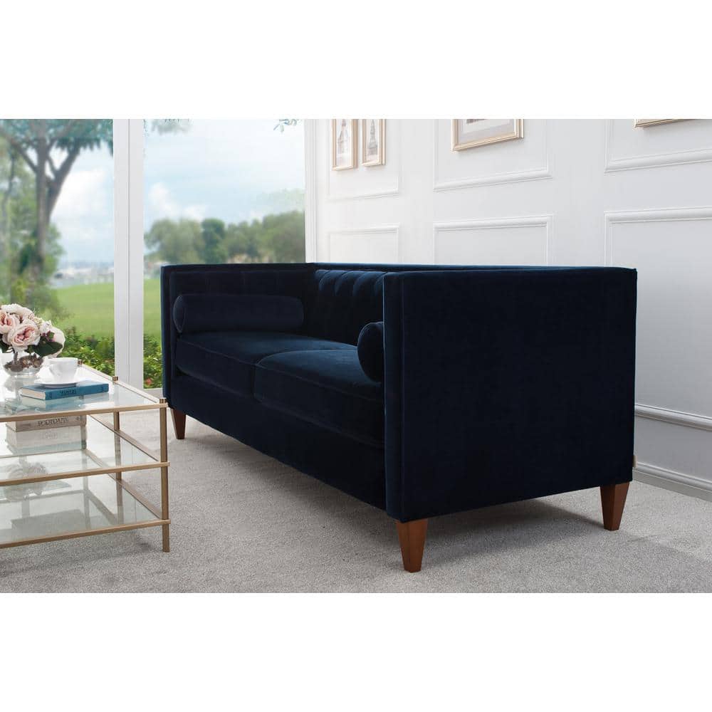 Dark Navy Blue Velvet Tufted Tuxedo Settee with Wood Legs