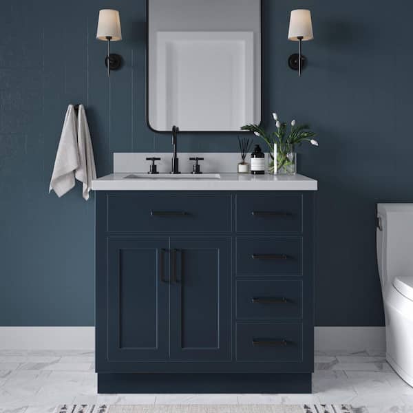 ARIEL Hepburn 36 in. W x 22 in. D x 36 in. H Single Sink Freestanding Bath Vanity in Midnight Blue with Carrara Quartz Top