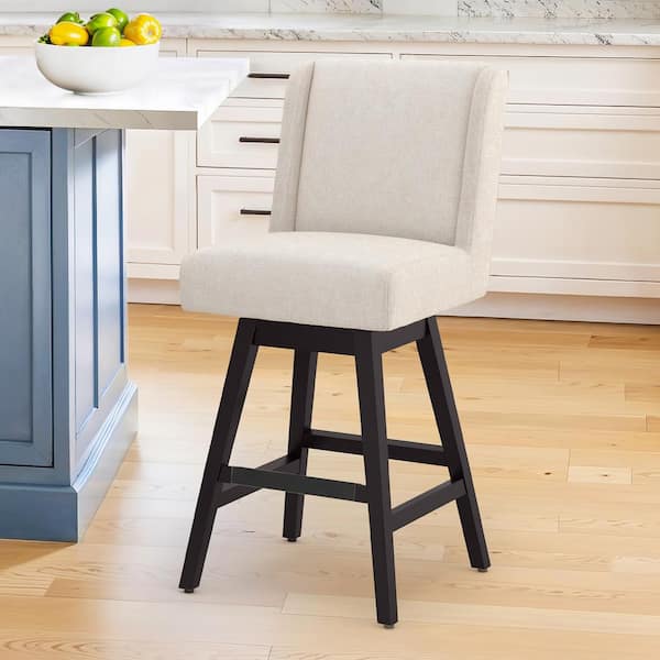 LUE BONA Joyce 26 in. Modern Linen Fabric Upholstered Swivel Bar Stool with Solid Wood Leg High Back Counter Stool