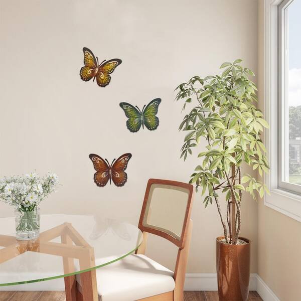Set of 3 Colorful Butterfly Metal Scroll Wall Art Hangings Indoor Outdoor Decor 