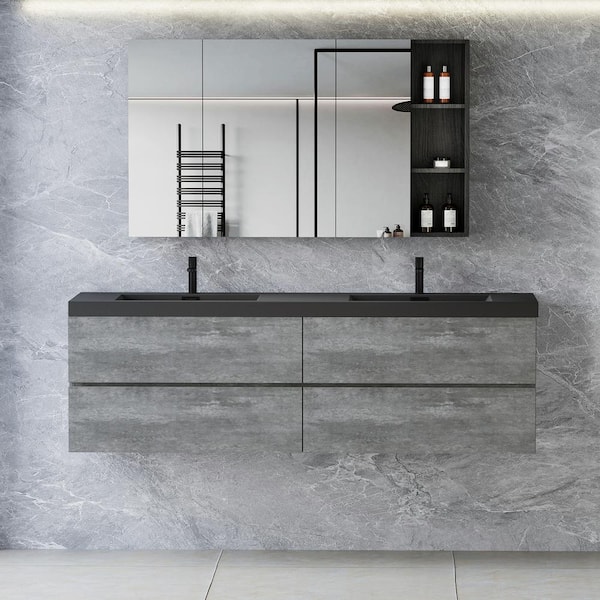 59.06 in. W Wall Mounted Bath Vanity in Gray with Black Quartz Sand Top