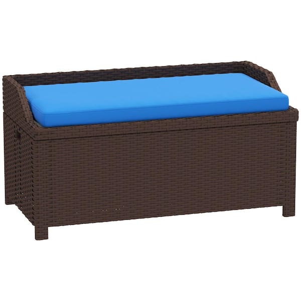 2-in-1 Heavy-Duty Wicker Outdoor Storage Bench with Blue Cushion, 34 Gal. Deck Box with Gas Strut Lift, Side Handles