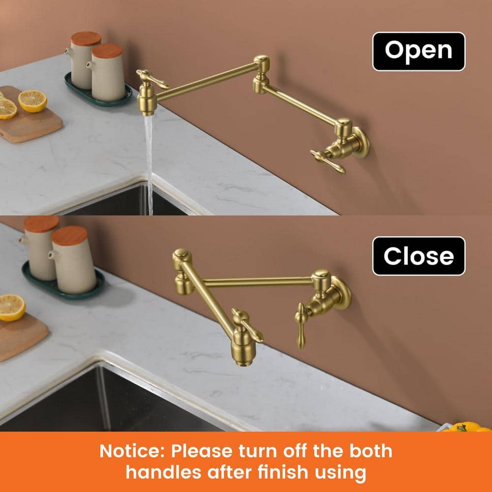 Brushed Gold Brass Double Handle Wall Mount Pot Filler Faucet