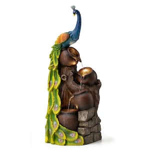 40 in. H Outdoor Oversized 4-Tiered Peacock and Jars Polyresin Waterfall Fountain with Pump, LED and Remote Controller