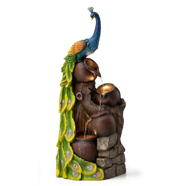 40 in. H Outdoor Oversized 4-Tiered Peacock and Jars Polyresin Waterfall Fountain with Pump, LED and Remote Controller
