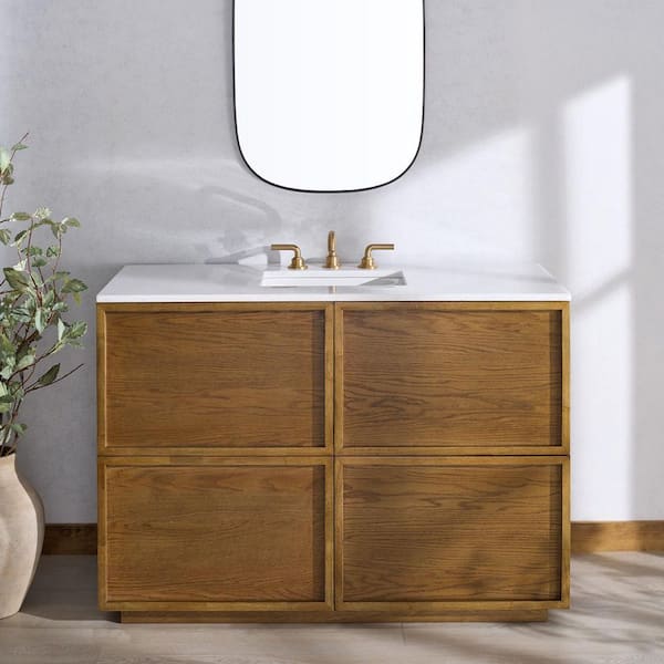 Zeus 48 in. Single Sink Medium Oak Bath Vanity with White Marble Top