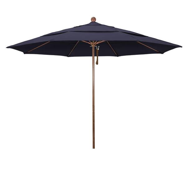 California Umbrella 11 ft. Woodgrain Aluminum Commercial Market Patio Umbrella Fiberglass Ribs and Pulley Lift in Navy Sunbrella