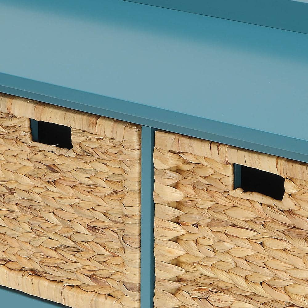 Teal Wood Storage Bench with Rattan Baskets