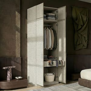 Beige-B Wood 31.5 in. Armoire with 2-Door, Top Cabinet, Hanging Rod, Linen Finish, Modern Design for Bedroom Storage