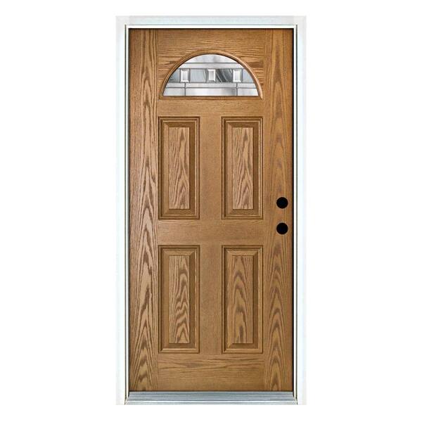 MP Doors 32 in. x 80 in. Left-Hand Inswing Fan Lite Savana Decorative Glass Light Oak Stained Fiberglass Prehung Front Door