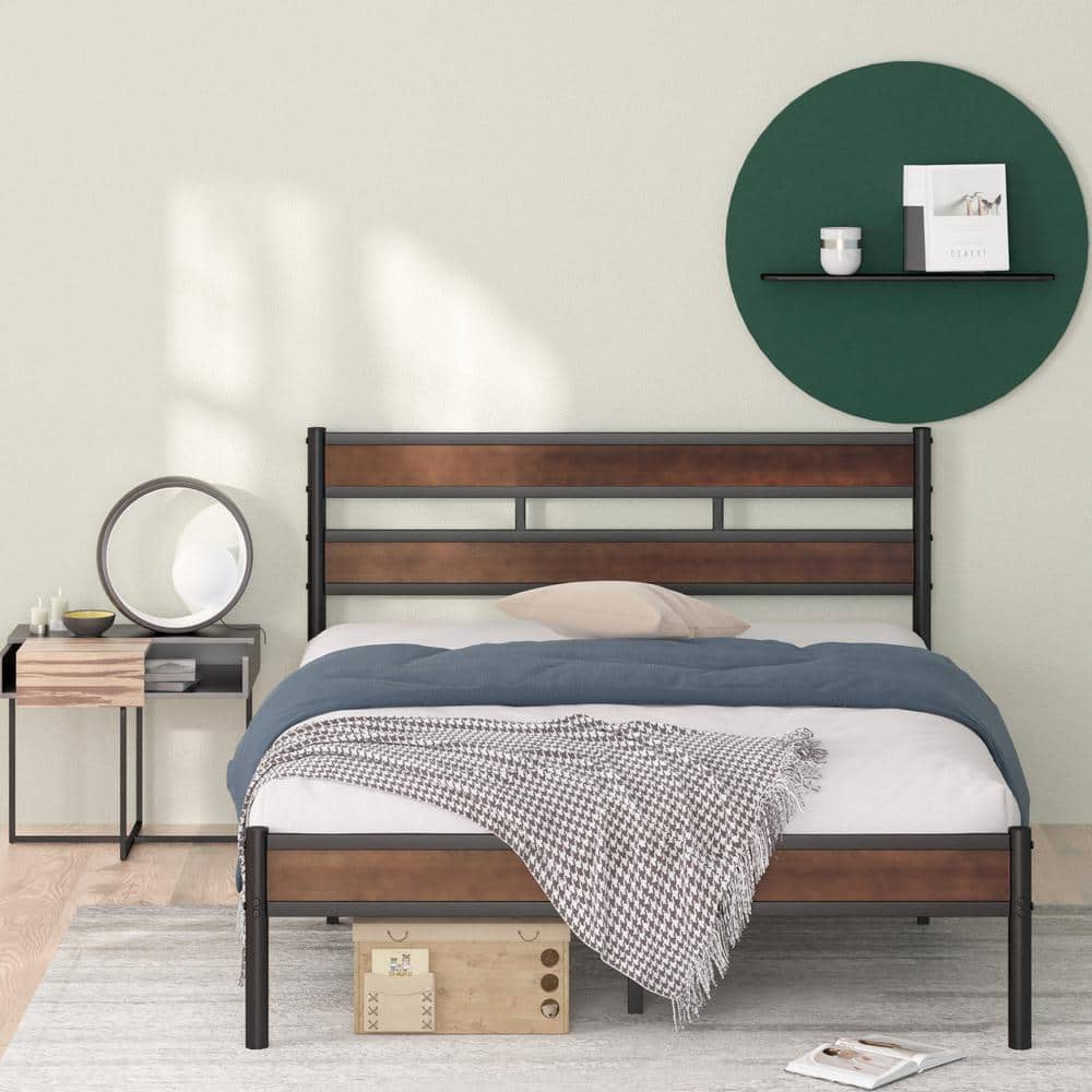 Queen Brown Bamboo and Black Metal Platform Bed Frame with Slatted Headboard